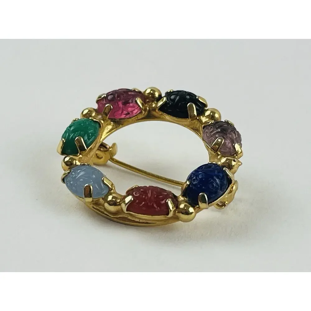 Vintage Gold Tone Multicolor Scarab Stone Pin Brooch Round Blue Pink Green Red P